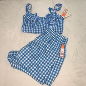 Colsie blue white gingham checkered bra shorts pajamas set S western cowboy new